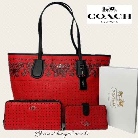 Coach 36357 Red Bandana Polka Dot Black Taxi Tote Bag and Wallets Americana Set - Picture 16 of 16